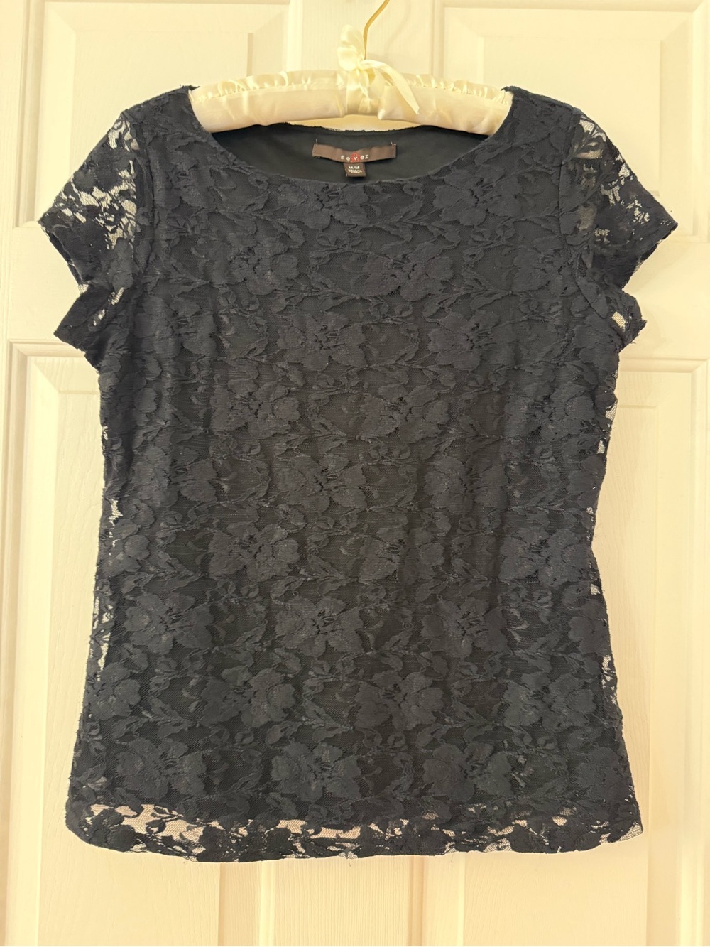 🔥Fever Black Floral Lace Short-Sleeve Top Blouse EUC